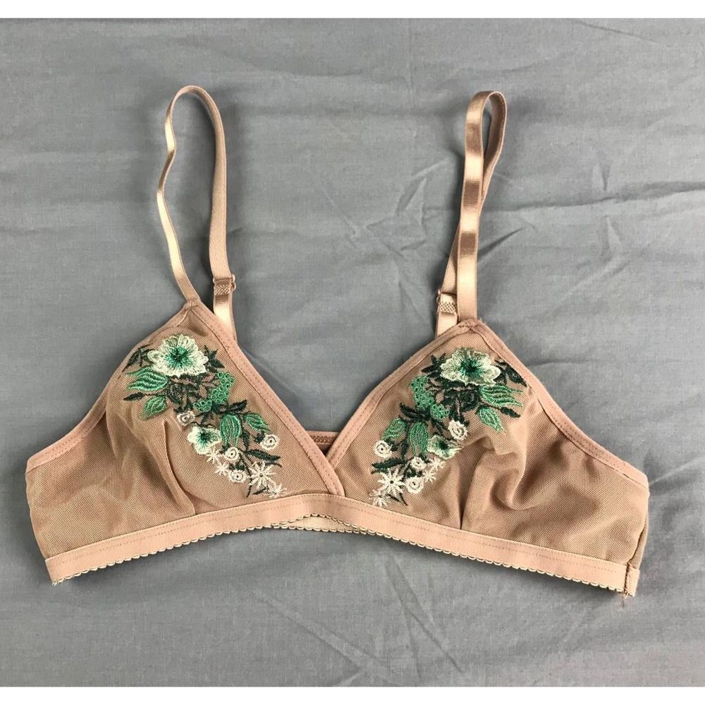 IJAK Mesh Floral Embroidered Bralette Tan Cream Teal Size M Unlined Comfort